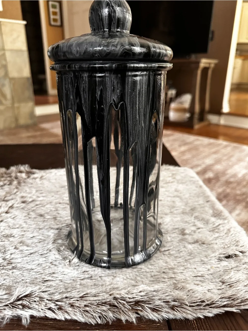 Hand crafted Black and silver Marble Effect glass Canister with Lid